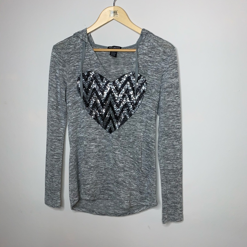 Miss Chievous - Sequined Heart Hoodie - Gray Small